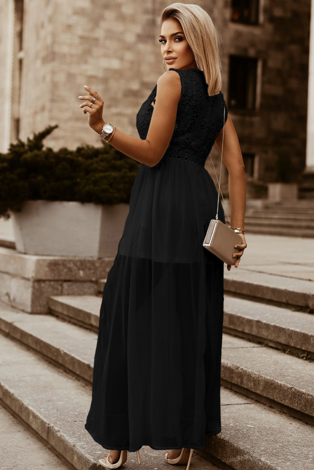 Slit Lace Detail V-Neck Dress - store name
